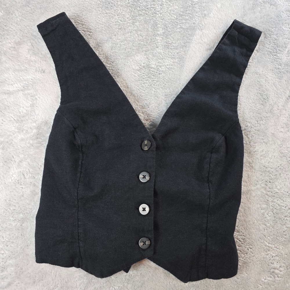 Abercrombie & Fitch Women Med Black Vest Linen Blend Criss Cross Back Tailored
